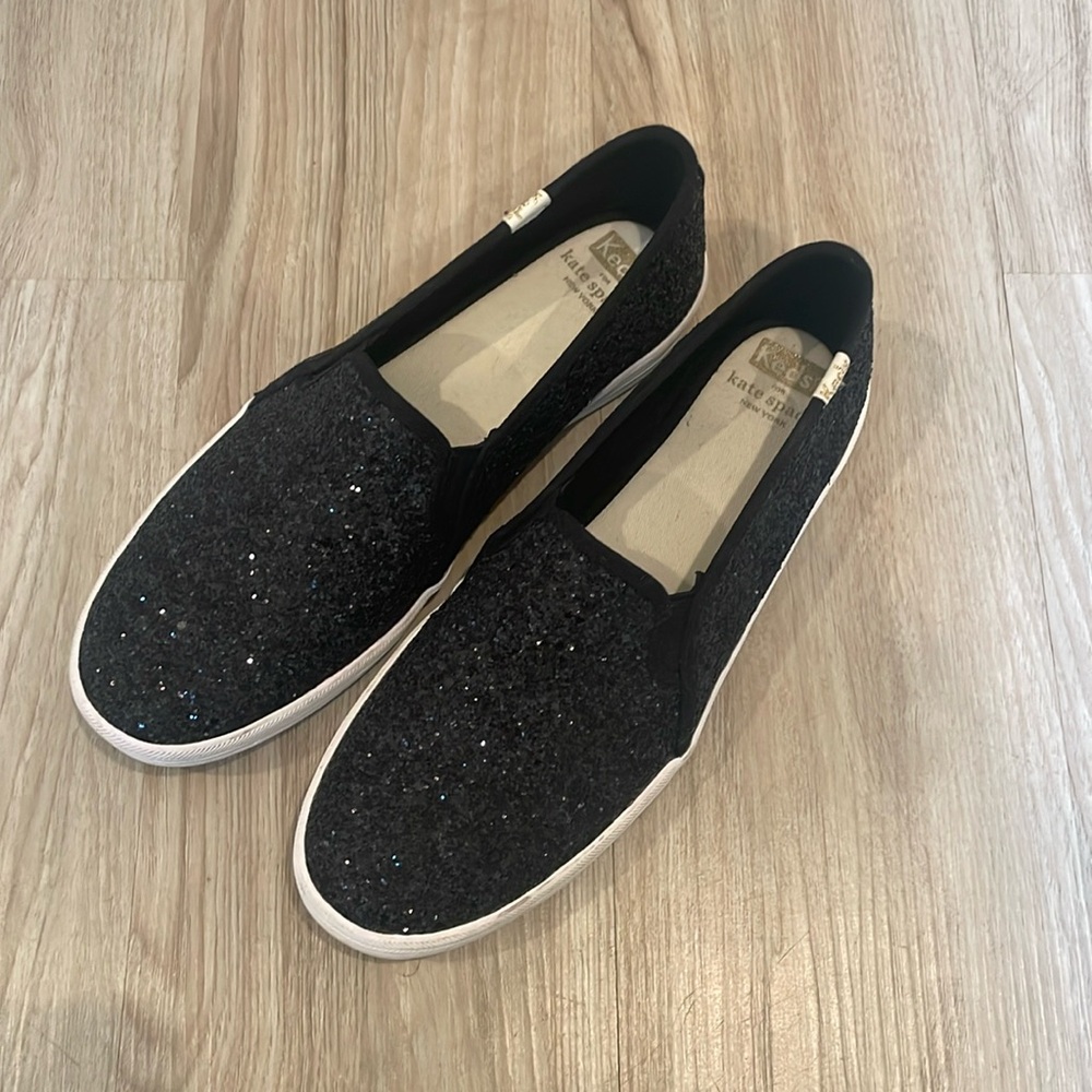 Keds x Kate Spade Double Decker Glitter slip on canvas sneakers, size 8.5, black